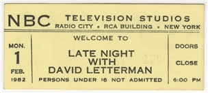 February 1,  "Late Night With David Letterman" Inaugural/First-Ever Show Ticket